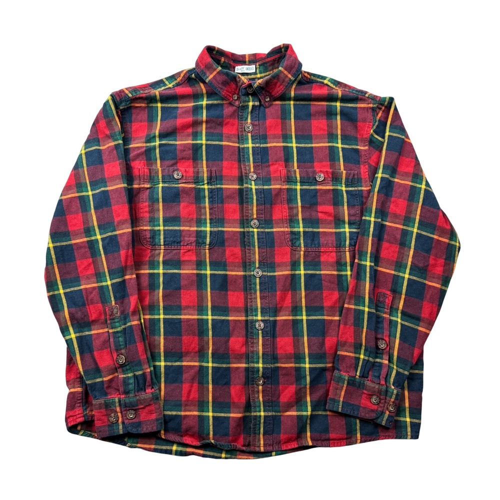 Duluth Trading Co Untucked Relaxed Fit Plaid Flannel Shirt Mens Large Red Blue